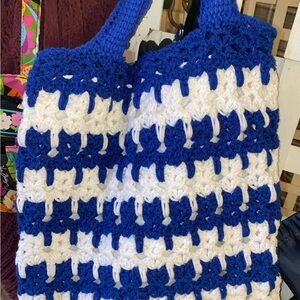 Blue and White Cat stitch Crochet Tote Bag